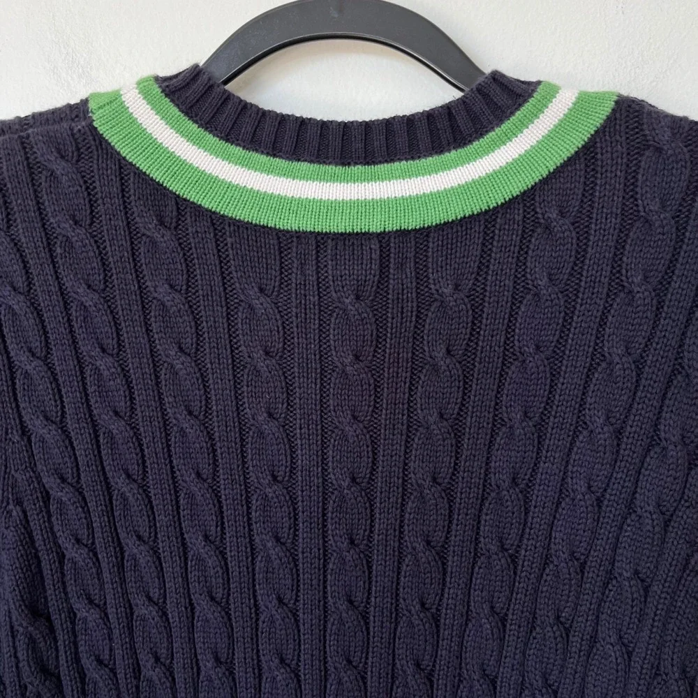 Lands' End Varsity Cable Knit V-Neck Sweater Women Medium Navy Green Tennis Prep